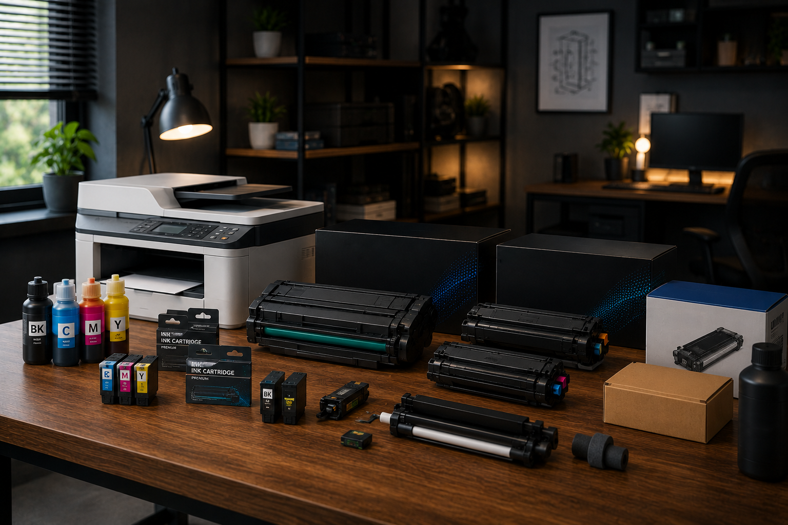 Mesa com impressora multifuncional, cartuchos de tinta, toners, cilindros, suprimentos para impressão e acessórios organizados em ambiente corporativo moderno.